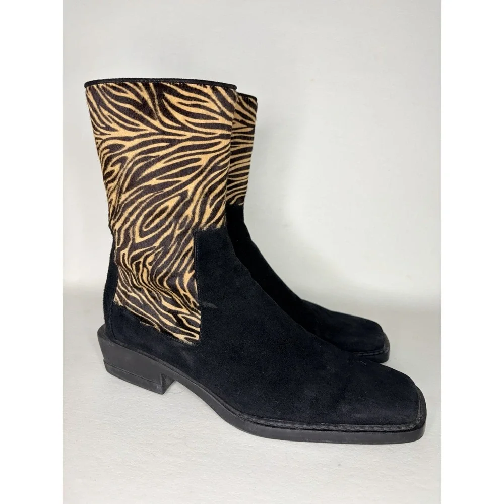 Womens Stuart Weitzman - Black W/ Tan & Brown Animal Print Boots, Zip Up, Size 8